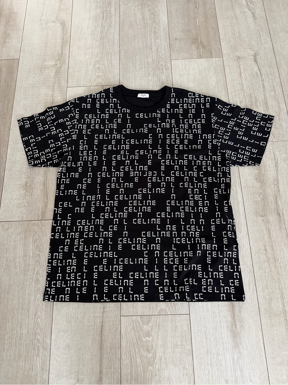Men L digital print Celine Black Tee with All-Over White Logo authentic